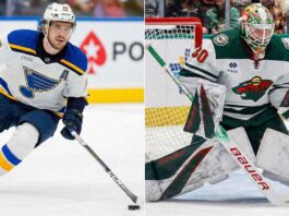 A split-screen image showing St. Louis Blues forward Robert Thomas skating with the puck on the left panel, and Minnesota Wild goaltender Jesper Wallstedt making a save in a butterfly stance on the right panel.