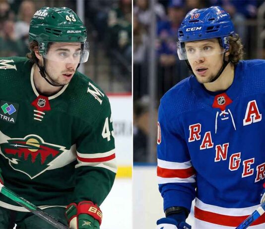 A split-frame photograph featuring Minnesota Wild defenseman Quinn Hughes (left) in a green jersey looking toward the right, and New York Rangers forward Artemi Panarin (right) in a blue 'A' patch jersey looking toward the left, appearing to look at one another across the divider.