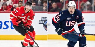 A split-screen photograph showing Connor McDavid wearing a red Team Canada jersey on the left and Auston Matthews wearing a blue Team USA jersey on the right, both skating with the puck during the 2026 Winter Olympics men's hockey tournament.
