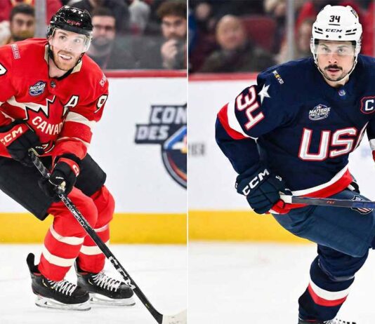 A split-screen photograph showing Connor McDavid wearing a red Team Canada jersey on the left and Auston Matthews wearing a blue Team USA jersey on the right, both skating with the puck during the 2026 Winter Olympics men's hockey tournament.