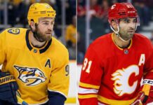 A split-screen photograph featuring two NHL centers in their respective team uniforms. On the left, Ryan O'Reilly of the Nashville Predators is shown in his yellow No. 90 jersey, looking towards the left. On the right side of the split, Nazem Kadri of the Calgary Flames is pictured in his red No. 91 jersey, looking towards the right.