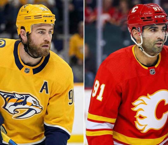A split-screen photograph featuring two NHL centers in their respective team uniforms. On the left, Ryan O'Reilly of the Nashville Predators is shown in his yellow No. 90 jersey, looking towards the left. On the right side of the split, Nazem Kadri of the Calgary Flames is pictured in his red No. 91 jersey, looking towards the right.