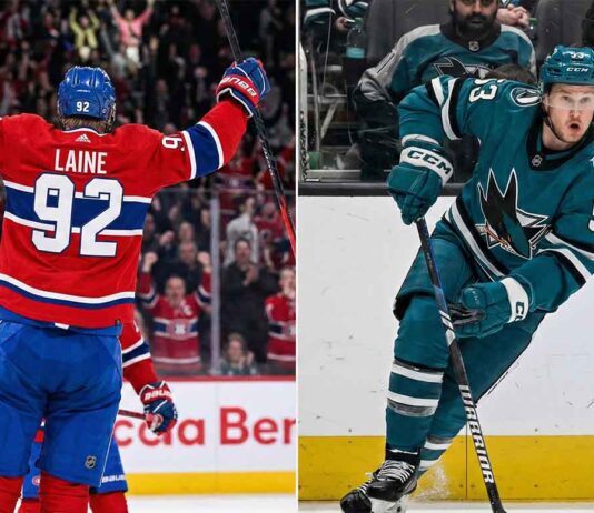 NHL News & Olympic Quarterfinal Showdowns You Can’t Miss! A split-frame sports photograph. On the left side, Patrik Laine in his red, white, and blue Montreal Canadiens jersey number 92 is seen from behind, arms raised in celebration, with a crowd in the background. On the right side, Jeff Skinner in his teal and black San Jose Sharks jersey number 53 is skating with the puck on the ice, looking forward.