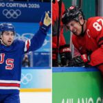 A split image showing two ice hockey players at the Milano Cortina 2026 Olympics. On the left, Quinn Hughes of Team USA celebrates with his arms raised, wearing a blue jersey. On the right, Sidney Crosby of Team Canada, wearing a red jersey, leans over the rink boards with a pained expression.