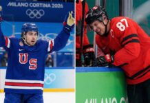 A split image showing two ice hockey players at the Milano Cortina 2026 Olympics. On the left, Quinn Hughes of Team USA celebrates with his arms raised, wearing a blue jersey. On the right, Sidney Crosby of Team Canada, wearing a red jersey, leans over the rink boards with a pained expression.