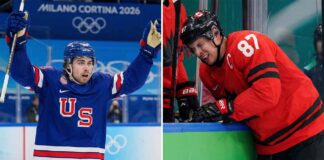 A split image showing two ice hockey players at the Milano Cortina 2026 Olympics. On the left, Quinn Hughes of Team USA celebrates with his arms raised, wearing a blue jersey. On the right, Sidney Crosby of Team Canada, wearing a red jersey, leans over the rink boards with a pained expression.