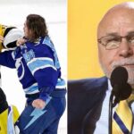 You Won’t Believe What Happened in Tampa: Goalie Fights & Historic Comebacks A split-panel graphic. On the left side, Boston Bruins goalie Jeremy Swayman in a yellow jersey and Tampa Bay Lightning goalie Andrei Vasilevskiy in a blue jersey are fighting on the ice during the 2026 NHL Stadium Series. On the right side, a close-up of Nashville Predators GM Barry Trotz, wearing glasses and a suit, speaking into a microphone.
