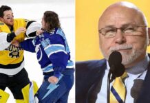 A split-panel graphic. On the left side, Boston Bruins goalie Jeremy Swayman in a yellow jersey and Tampa Bay Lightning goalie Andrei Vasilevskiy in a blue jersey are fighting on the ice during the 2026 NHL Stadium Series. On the right side, a close-up of Nashville Predators GM Barry Trotz, wearing glasses and a suit, speaking into a microphone.