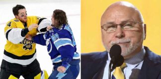 A split-panel graphic. On the left side, Boston Bruins goalie Jeremy Swayman in a yellow jersey and Tampa Bay Lightning goalie Andrei Vasilevskiy in a blue jersey are fighting on the ice during the 2026 NHL Stadium Series. On the right side, a close-up of Nashville Predators GM Barry Trotz, wearing glasses and a suit, speaking into a microphone.