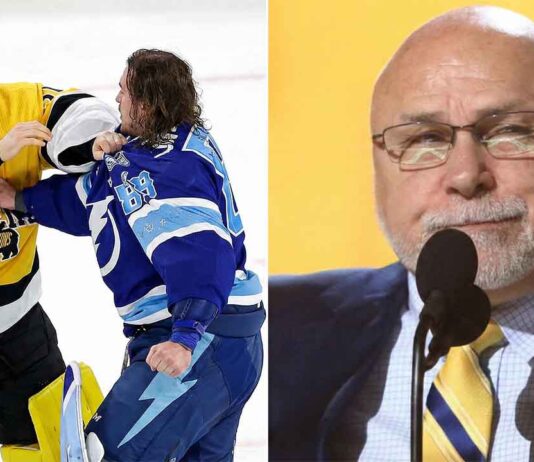 You Won’t Believe What Happened in Tampa: Goalie Fights & Historic Comebacks A split-panel graphic. On the left side, Boston Bruins goalie Jeremy Swayman in a yellow jersey and Tampa Bay Lightning goalie Andrei Vasilevskiy in a blue jersey are fighting on the ice during the 2026 NHL Stadium Series. On the right side, a close-up of Nashville Predators GM Barry Trotz, wearing glasses and a suit, speaking into a microphone.