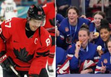 A split-screen photograph depicting contrasting moments in Olympic hockey. On the left side, Team Canada men's captain Sidney Crosby, wearing his red number 87 jersey, looks downward while on the ice. On the right side, several members of the Team USA women's hockey team, wearing blue jerseys, smile excitedly while holding and biting their gold medals behind a podium featuring the Olympic rings.