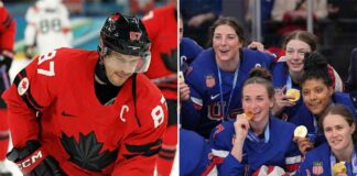 A split-screen photograph depicting contrasting moments in Olympic hockey. On the left side, Team Canada men's captain Sidney Crosby, wearing his red number 87 jersey, looks downward while on the ice. On the right side, several members of the Team USA women's hockey team, wearing blue jerseys, smile excitedly while holding and biting their gold medals behind a podium featuring the Olympic rings.