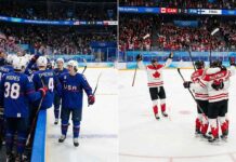 NHL News: Team USA & Canada Set for Epic 2026 Olympic Gold Clash A split-panel sports photograph capturing NHL players celebrating at the 2026 Milano Cortina Winter Olympics. The left panel shows Team USA players, including Jack Hughes and Brady Tkachuk, celebrating a 6-2 win over Slovakia near the bench. The right panel shows Team Canada players, including Connor McDavid and Nathan MacKinnon, hugging on the ice after a 3-2 victory over Finland. Scoreboards in the background confirm the final scores.