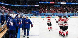 A split-panel sports photograph capturing NHL players celebrating at the 2026 Milano Cortina Winter Olympics. The left panel shows Team USA players, including Jack Hughes and Brady Tkachuk, celebrating a 6-2 win over Slovakia near the bench. The right panel shows Team Canada players, including Connor McDavid and Nathan MacKinnon, hugging on the ice after a 3-2 victory over Finland. Scoreboards in the background confirm the final scores.