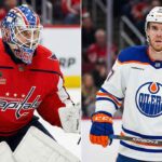 A vertical split photograph showing two NHL players. On the left side, Washington Capitals goaltender Charlie Lindgren, wearing his red home jersey with number 50 and a distinct red, white, and blue USA-themed goalie mask, is in a crouched stance. On the right side, Edmonton Oilers captain Connor McDavid, wearing his white away jersey with number 97 and the 'C' patch, stands holding his hockey stick, looking forward.
