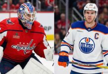 Unbelievable! Team USA Wins Gold | Latest NHL News & Roster Updates A vertical split photograph showing two NHL players. On the left side, Washington Capitals goaltender Charlie Lindgren, wearing his red home jersey with number 50 and a distinct red, white, and blue USA-themed goalie mask, is in a crouched stance. On the right side, Edmonton Oilers captain Connor McDavid, wearing his white away jersey with number 97 and the 'C' patch, stands holding his hockey stick, looking forward.