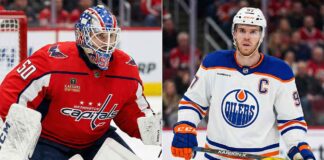 A vertical split photograph showing two NHL players. On the left side, Washington Capitals goaltender Charlie Lindgren, wearing his red home jersey with number 50 and a distinct red, white, and blue USA-themed goalie mask, is in a crouched stance. On the right side, Edmonton Oilers captain Connor McDavid, wearing his white away jersey with number 97 and the 'C' patch, stands holding his hockey stick, looking forward.