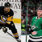 A split photograph featuring Pittsburgh Penguins captain Sidney Crosby on the left, skating in his black uniform, and Dallas Stars forward Mikko Rantanen on the right, standing on the ice in his green jersey.