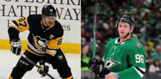 A split photograph featuring Pittsburgh Penguins captain Sidney Crosby on the left, skating in his black uniform, and Dallas Stars forward Mikko Rantanen on the right, standing on the ice in his green jersey.