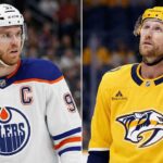 A split-screen photograph featuring two prominent NHL forwards: on the left, Connor McDavid wears his white Edmonton Oilers away jersey and helmet, looking towards the left side of the frame. On the right, Steven Stamkos wears his yellow Nashville Predators home jersey and helmet, looking upwards. Both players are pictured on the ice during game action or warmups.