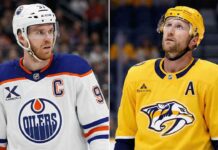 Connor McDavid Makes NHL History! Plus Wild Deadline Trade Rumors A split-screen photograph featuring two prominent NHL forwards: on the left, Connor McDavid wears his white Edmonton Oilers away jersey and helmet, looking towards the left side of the frame. On the right, Steven Stamkos wears his yellow Nashville Predators home jersey and helmet, looking upwards. Both players are pictured on the ice during game action or warmups.