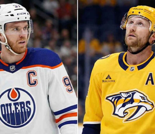 A split-screen photograph featuring two prominent NHL forwards: on the left, Connor McDavid wears his white Edmonton Oilers away jersey and helmet, looking towards the left side of the frame. On the right, Steven Stamkos wears his yellow Nashville Predators home jersey and helmet, looking upwards. Both players are pictured on the ice during game action or warmups.