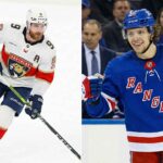 A split-screen image featuring NHL players Sam Bennett and Artemi Panarin. On the left panel, Sam Bennett of the Florida Panthers is skating on the ice in his white away jersey, looking forward. On the right panel, a smiling Artemi Panarin of the New York Rangers stands in front of the team bench wearing his blue home jersey.