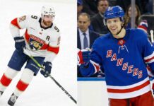 A split-screen image featuring NHL players Sam Bennett and Artemi Panarin. On the left panel, Sam Bennett of the Florida Panthers is skating on the ice in his white away jersey, looking forward. On the right panel, a smiling Artemi Panarin of the New York Rangers stands in front of the team bench wearing his blue home jersey.