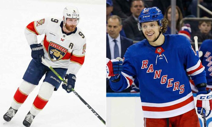 nhl-news-february-4-2026-trade-freeze-olympic-roster-updates A split-screen image featuring NHL players Sam Bennett and Artemi Panarin. On the left panel, Sam Bennett of the Florida Panthers is skating on the ice in his white away jersey, looking forward. On the right panel, a smiling Artemi Panarin of the New York Rangers stands in front of the team bench wearing his blue home jersey.