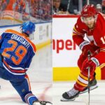 A two-panel split image showing NHL players. On the left panel, Leon Draisaitl of the Edmonton Oilers is pictured from behind, kneeling on the ice in his blue #29 jersey. On the right panel, Jonathan Huberdeau of the Calgary Flames is shown skating with the puck in his red #10 jersey.