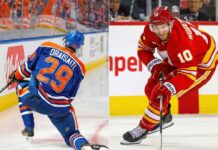 A two-panel split image showing NHL players. On the left panel, Leon Draisaitl of the Edmonton Oilers is pictured from behind, kneeling on the ice in his blue #29 jersey. On the right panel, Jonathan Huberdeau of the Calgary Flames is shown skating with the puck in his red #10 jersey.
