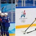 NHL Stars Erupt at Olympics! Historic Blowouts, Epic Upsets & Heartbreaking Injuries A split-frame photograph from the 2026 Milano Cortina Winter Olympics men's ice hockey tournament involving NHL players. On the left panel, members of Team USA in blue jerseys celebrate huddled together on the ice, holding a large American flag against the glass boards. On the right panel, Team Canada captain Connor McDavid (wearing red jersey #97) skates intensely with the puck past the Milano Cortina 2026 logo on the boards.