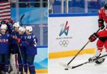 A split-frame photograph from the 2026 Milano Cortina Winter Olympics men's ice hockey tournament involving NHL players. On the left panel, members of Team USA in blue jerseys celebrate huddled together on the ice, holding a large American flag against the glass boards. On the right panel, Team Canada captain Connor McDavid (wearing red jersey #97) skates intensely with the puck past the Milano Cortina 2026 logo on the boards.