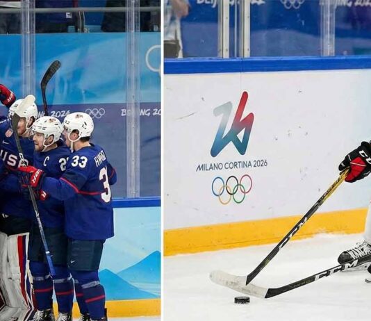 NHL Stars Erupt at Olympics! Historic Blowouts, Epic Upsets & Heartbreaking Injuries A split-frame photograph from the 2026 Milano Cortina Winter Olympics men's ice hockey tournament involving NHL players. On the left panel, members of Team USA in blue jerseys celebrate huddled together on the ice, holding a large American flag against the glass boards. On the right panel, Team Canada captain Connor McDavid (wearing red jersey #97) skates intensely with the puck past the Milano Cortina 2026 logo on the boards.