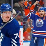 A split-frame photograph showing two NHL players. On the left side, Toronto Maple Leafs forward Bobby McMann (#74) is pictured on the ice, looking intently during a game. On the right side, Edmonton Oilers forward Leon Draisaitl (#29) is shown celebrating a goal with his arms raised and mouth open, surrounded by cheering fans.