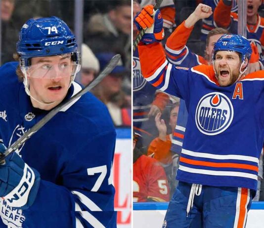 A split-frame photograph showing two NHL players. On the left side, Toronto Maple Leafs forward Bobby McMann (#74) is pictured on the ice, looking intently during a game. On the right side, Edmonton Oilers forward Leon Draisaitl (#29) is shown celebrating a goal with his arms raised and mouth open, surrounded by cheering fans.