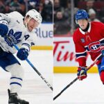 A split photograph showing two NHL players in action during games. On the left side, Toronto Maple Leafs defenseman Morgan Rielly (44) in a white away jersey is winding up for a slap shot. On the right side, Montreal Canadiens forward Patrik Laine (92) in a red home jersey is skating with the puck, looking forward.