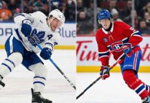 A split photograph showing two NHL players in action during games. On the left side, Toronto Maple Leafs defenseman Morgan Rielly (44) in a white away jersey is winding up for a slap shot. On the right side, Montreal Canadiens forward Patrik Laine (92) in a red home jersey is skating with the puck, looking forward.