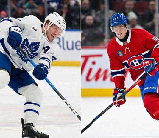 A split photograph showing two NHL players in action during games. On the left side, Toronto Maple Leafs defenseman Morgan Rielly (44) in a white away jersey is winding up for a slap shot. On the right side, Montreal Canadiens forward Patrik Laine (92) in a red home jersey is skating with the puck, looking forward.