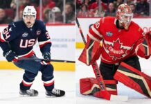 A split image featuring two ice hockey players. On the left is Auston Matthews of Team USA, wearing a dark blue jersey, skating. On the right is Jordan Binnington of Team Canada, in a red jersey, making a glove save.
