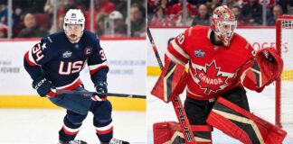 A split image featuring two ice hockey players. On the left is Auston Matthews of Team USA, wearing a dark blue jersey, skating. On the right is Jordan Binnington of Team Canada, in a red jersey, making a glove save.