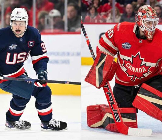 A split image featuring two ice hockey players. On the left is Auston Matthews of Team USA, wearing a dark blue jersey, skating. On the right is Jordan Binnington of Team Canada, in a red jersey, making a glove save.