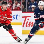 A split-screen photograph showing two star hockey players in international jerseys. On the left panel, Connor McDavid is skating in a red Team Canada jersey with a puck. On the right panel, Auston Matthews is skating in a blue Team USA jersey with a puck.