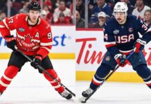 A split-screen photograph showing two star hockey players in international jerseys. On the left panel, Connor McDavid is skating in a red Team Canada jersey with a puck. On the right panel, Auston Matthews is skating in a blue Team USA jersey with a puck.