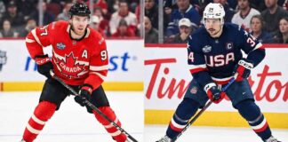 A split-screen photograph showing two star hockey players in international jerseys. On the left panel, Connor McDavid is skating in a red Team Canada jersey with a puck. On the right panel, Auston Matthews is skating in a blue Team USA jersey with a puck.