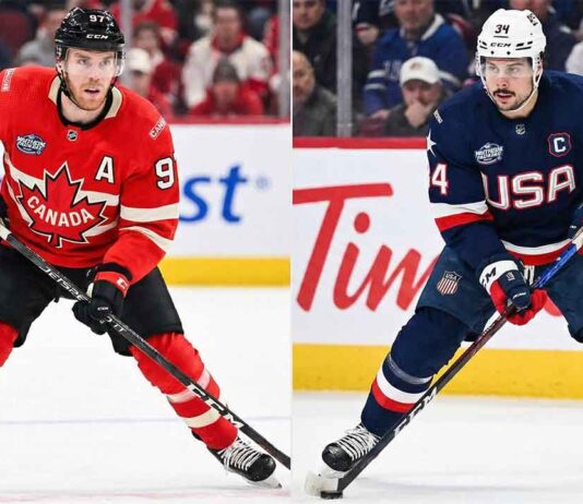 A split-screen photograph showing two star hockey players in international jerseys. On the left panel, Connor McDavid is skating in a red Team Canada jersey with a puck. On the right panel, Auston Matthews is skating in a blue Team USA jersey with a puck.