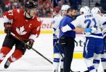 Split photograph contrasting Olympic fates ahead of the 2026 Milano Cortina Winter Games. On the left, Sidney Crosby skates dynamically in his red Team Canada jersey, ready for Italy. On the right, an injured Brayden Point, wearing a white Tampa Bay Lightning jersey, is being supported by a trainer and teammate as he leaves the ice, indicating the injury that will keep him out of the Olympics.
