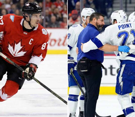 Split photograph contrasting Olympic fates ahead of the 2026 Milano Cortina Winter Games. On the left, Sidney Crosby skates dynamically in his red Team Canada jersey, ready for Italy. On the right, an injured Brayden Point, wearing a white Tampa Bay Lightning jersey, is being supported by a trainer and teammate as he leaves the ice, indicating the injury that will keep him out of the Olympics.