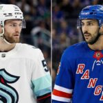 A split-frame photograph featuring Seattle Kraken forward Shane Wright in a white jersey on the left and New York Rangers forward Vincent Trocheck in a blue jersey on the right.