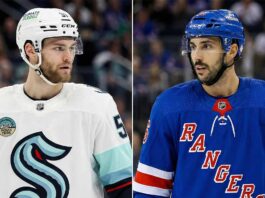 A split-frame photograph featuring Seattle Kraken forward Shane Wright in a white jersey on the left and New York Rangers forward Vincent Trocheck in a blue jersey on the right.